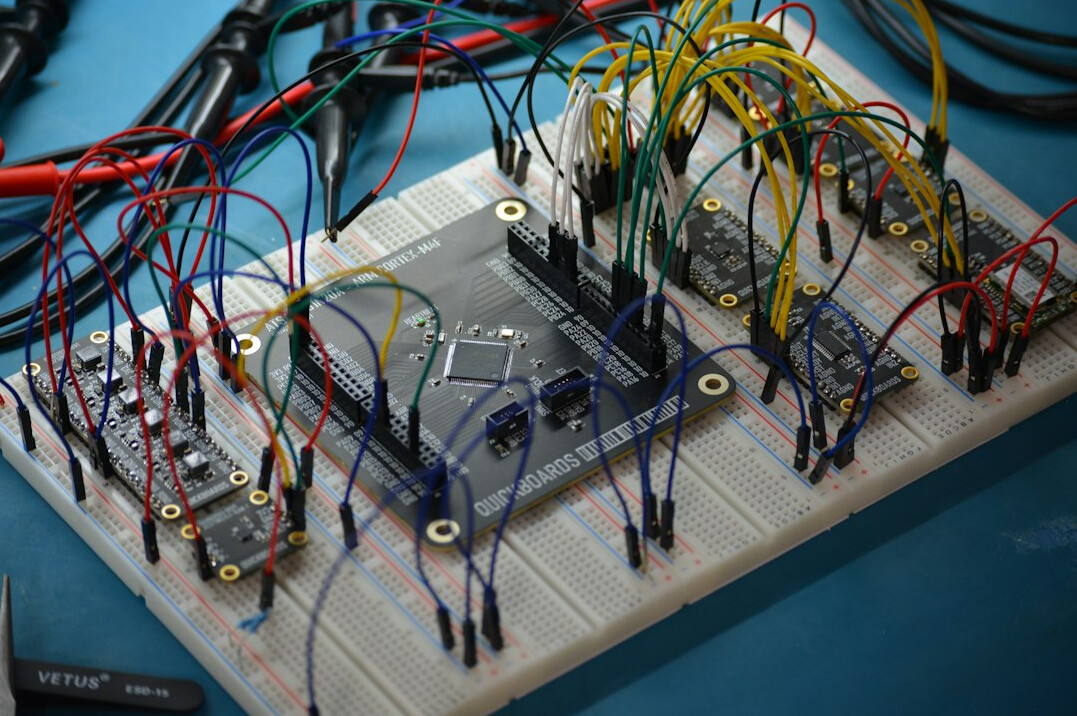 Close-up of an electronic circuit board with glowing components