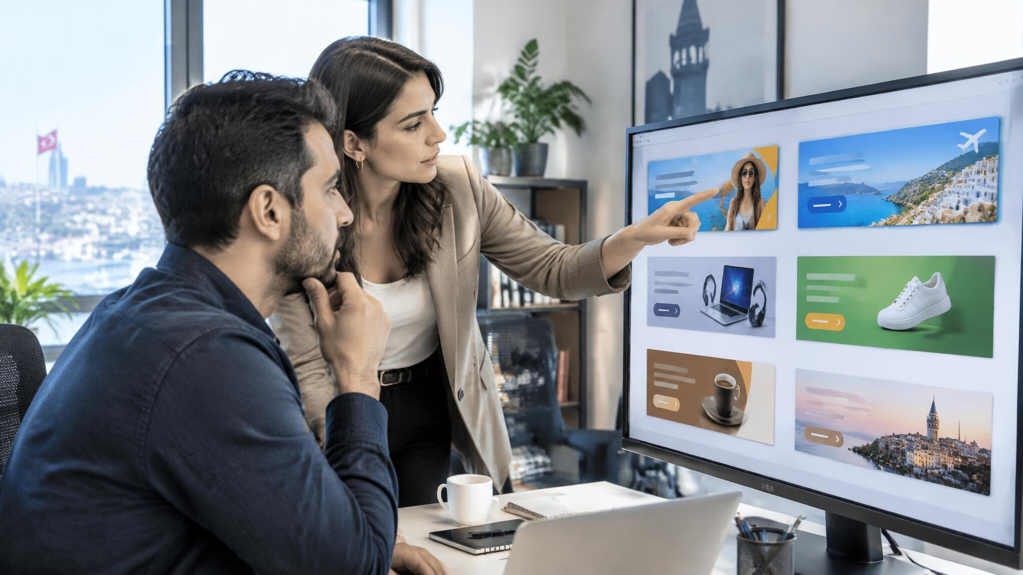 Marketing team reviewing a digital advertising campaign on a screen