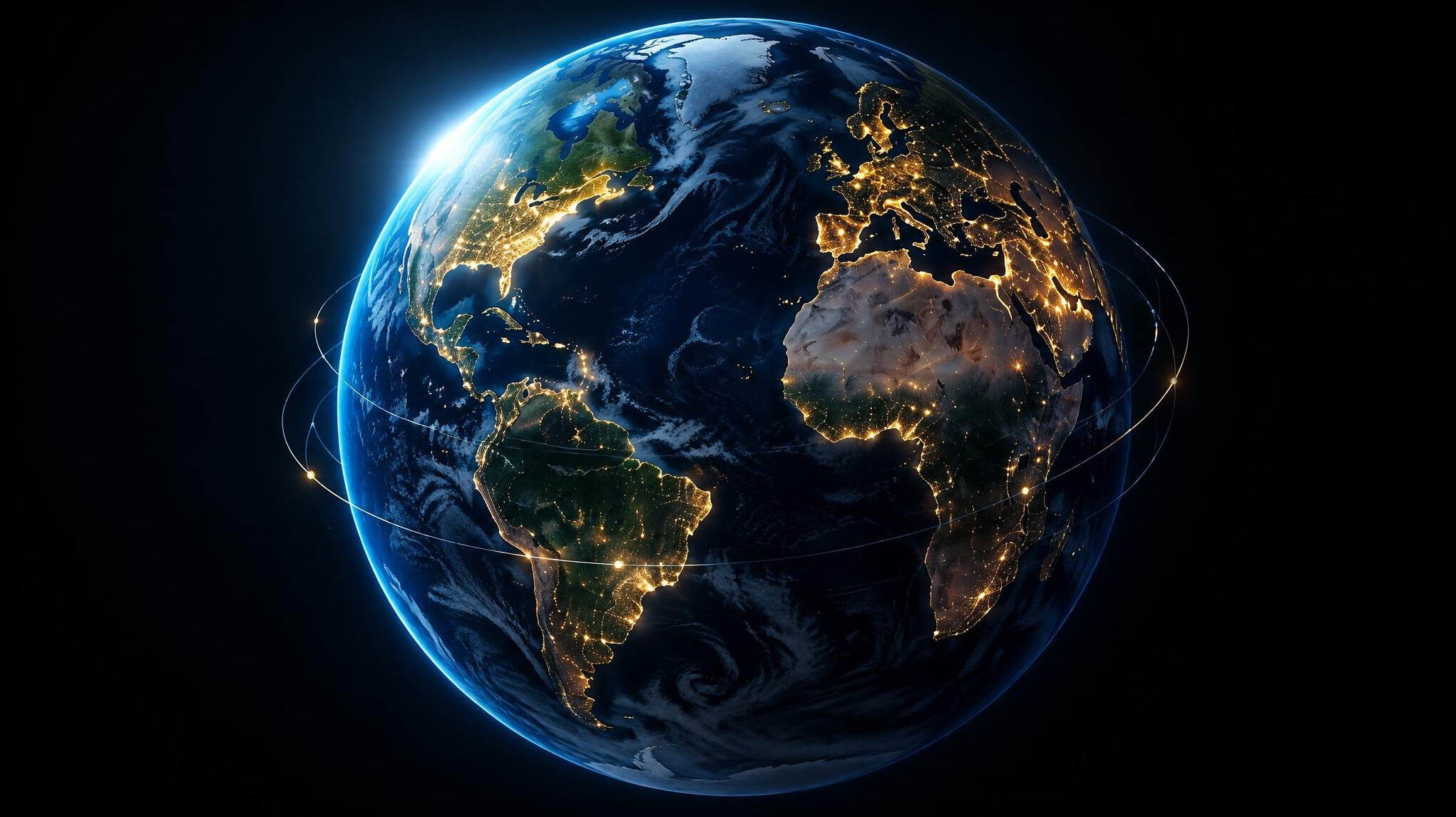World globe with illuminated city lights at night