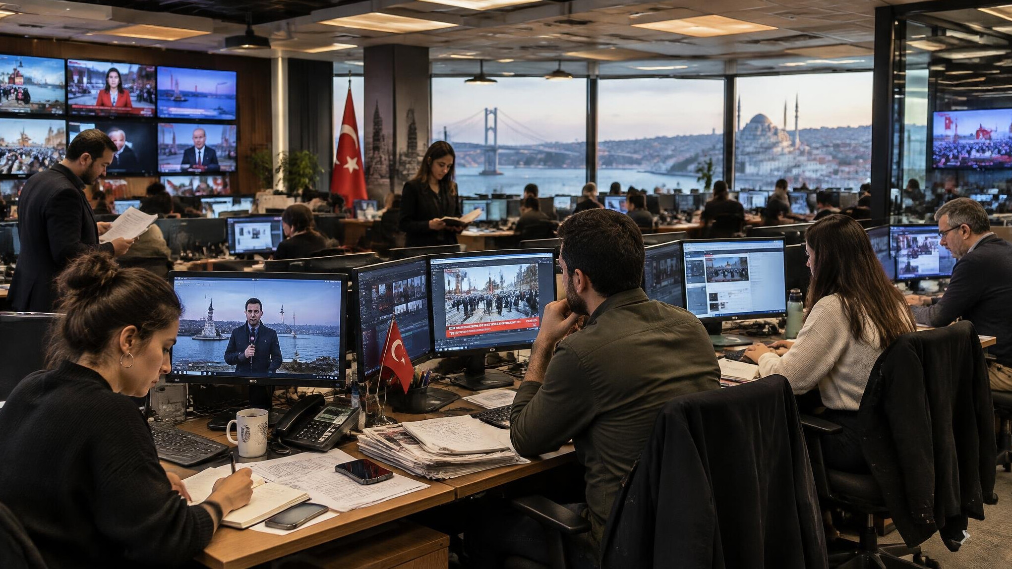 Journalists working at a busy newsroom with monitors and papers